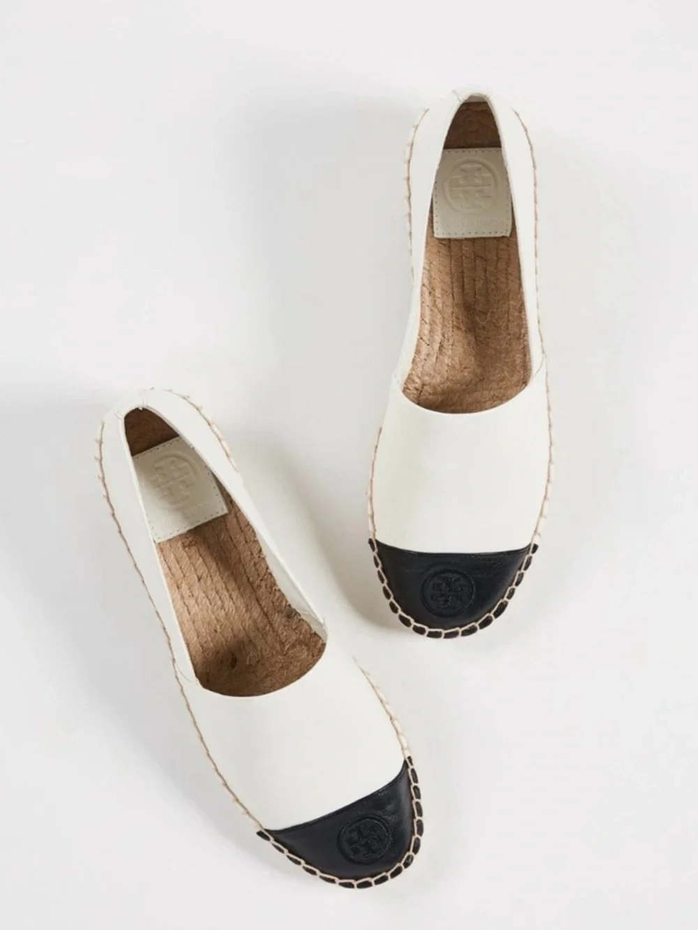 Tory Burch Cream Leather Espadrilles with Black Cap Toe Logo